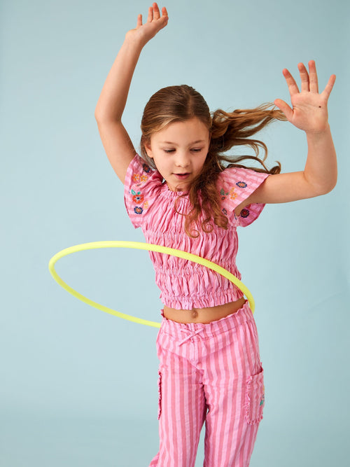 JoJo Maman Bébé Bright Pink Stripe Floral Embroidered Gathered Blouse & Trouser Set image 1