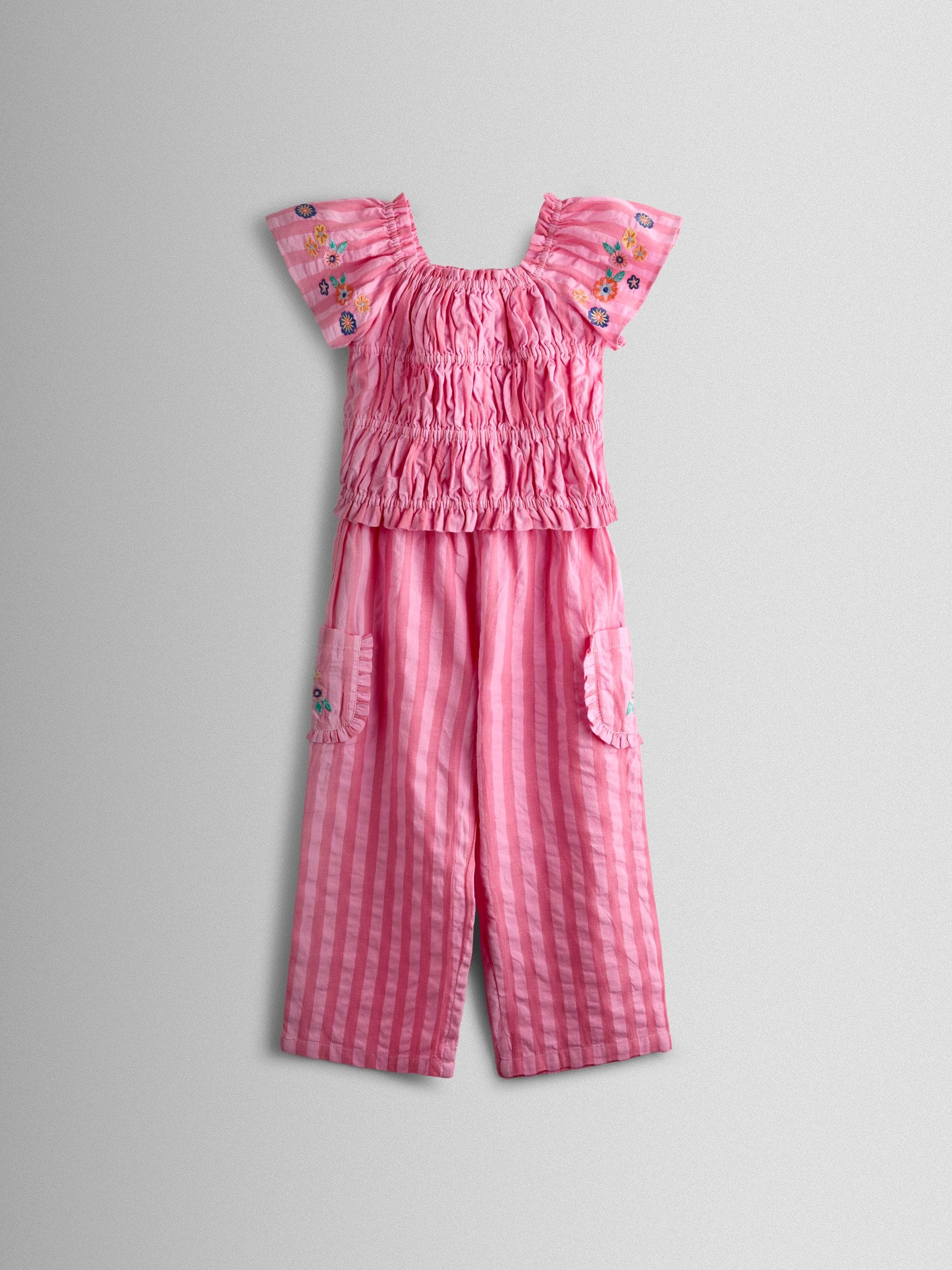 JoJo Maman Bébé Bright Pink Stripe Floral Embroidered Gathered Blouse & Trouser Set image 2