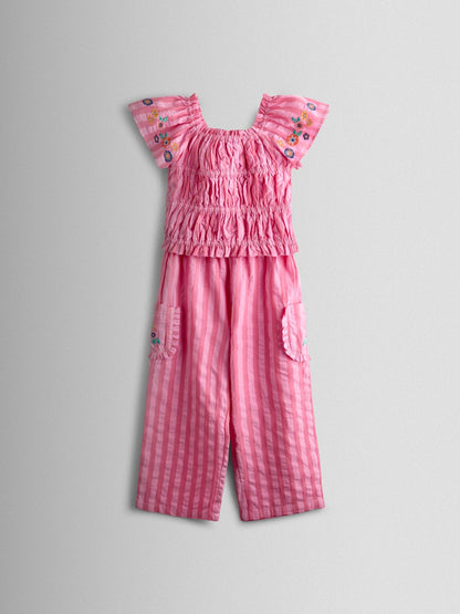 JoJo Maman Bébé Bright Pink Stripe Floral Embroidered Gathered Blouse & Trouser Set image 2
