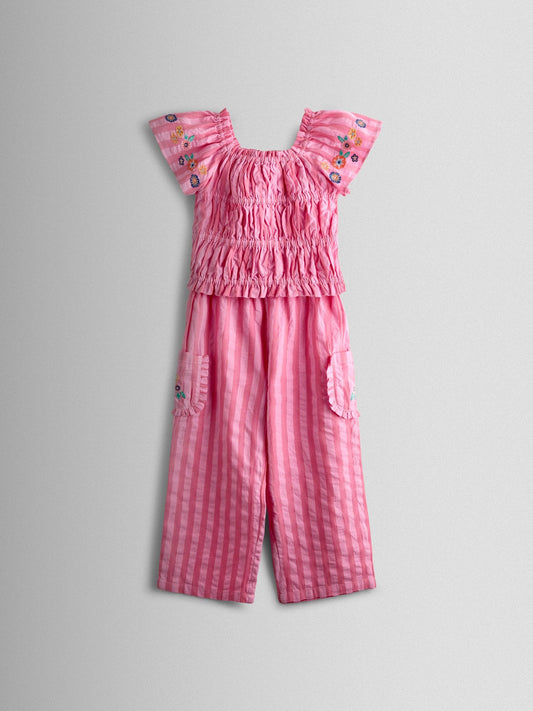 JoJo Maman Bébé Bright Pink Stripe Floral Embroidered Gathered Blouse & Trouser Set image 2