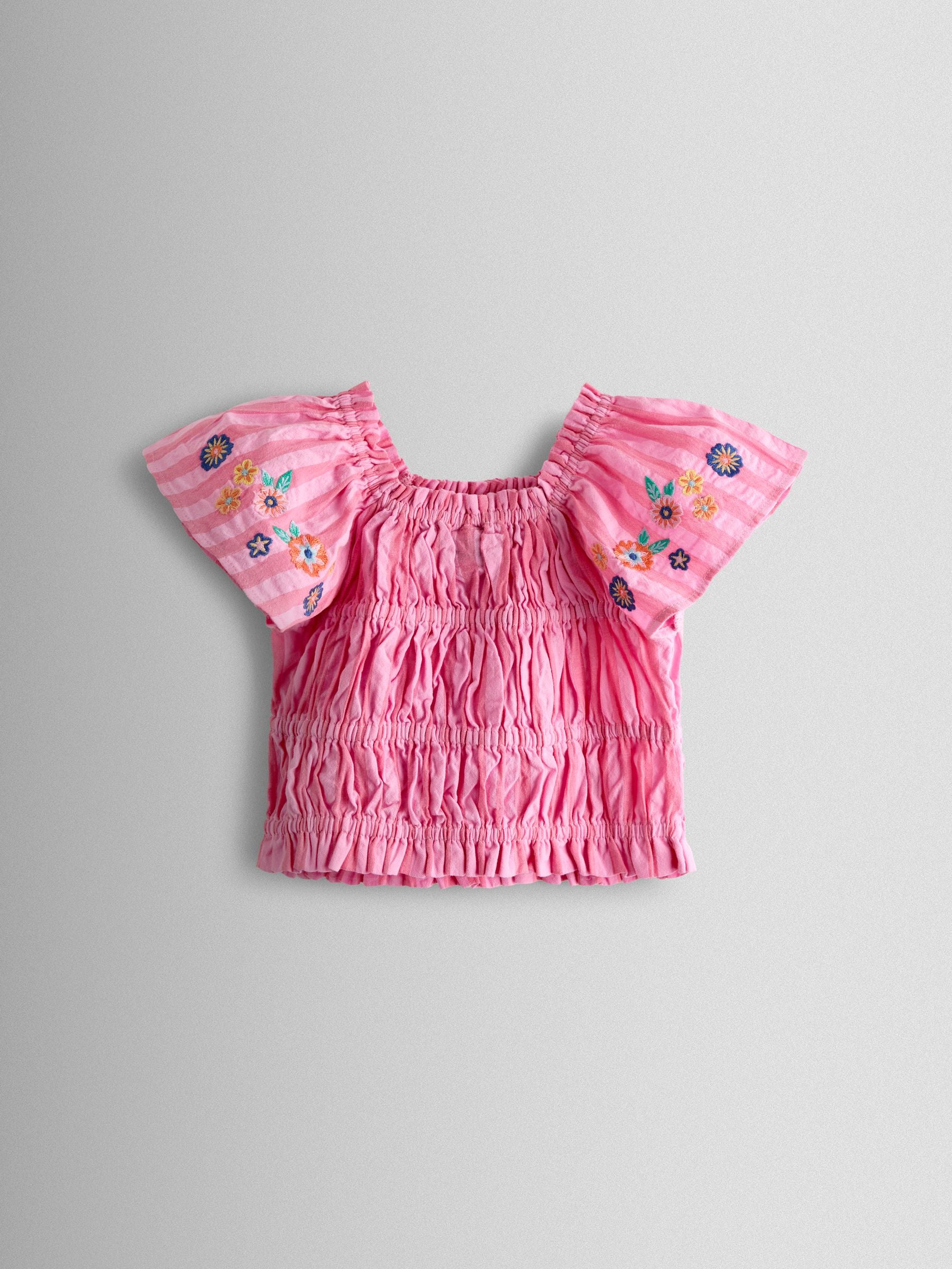 JoJo Maman Bébé Bright Pink Stripe Floral Embroidered Gathered Blouse & Trouser Set image 3