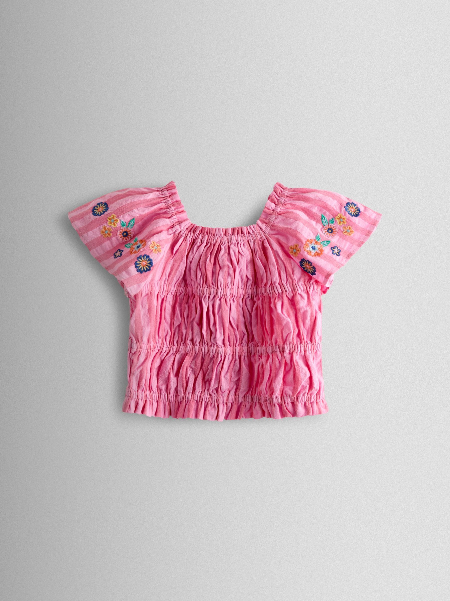 JoJo Maman Bébé Bright Pink Stripe Floral Embroidered Gathered Blouse & Trouser Set image 4
