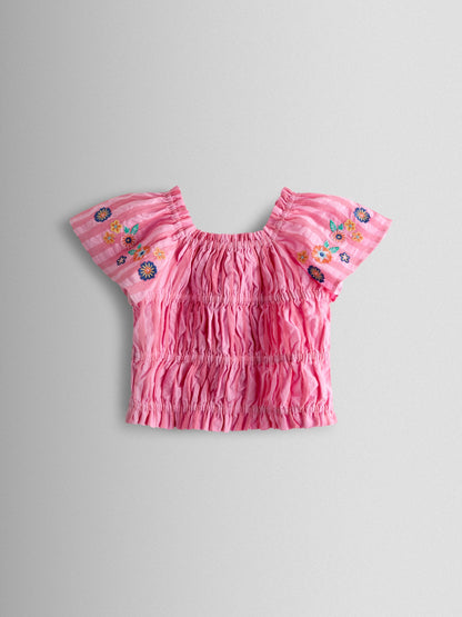 JoJo Maman Bébé Bright Pink Stripe Floral Embroidered Gathered Blouse & Trouser Set image 4