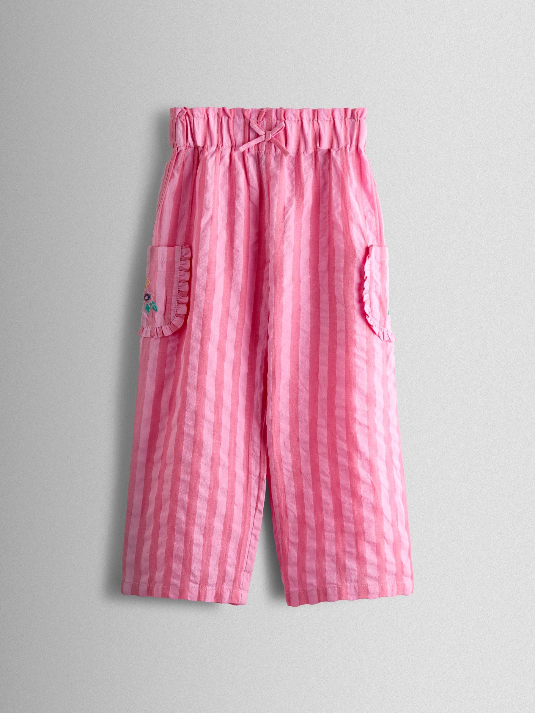 JoJo Maman Bébé Bright Pink Stripe Floral Embroidered Gathered Blouse & Trouser Set image 5