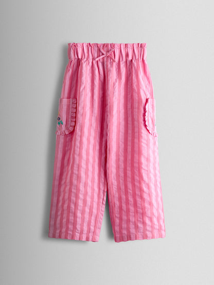 JoJo Maman Bébé Bright Pink Stripe Floral Embroidered Gathered Blouse & Trouser Set image 5