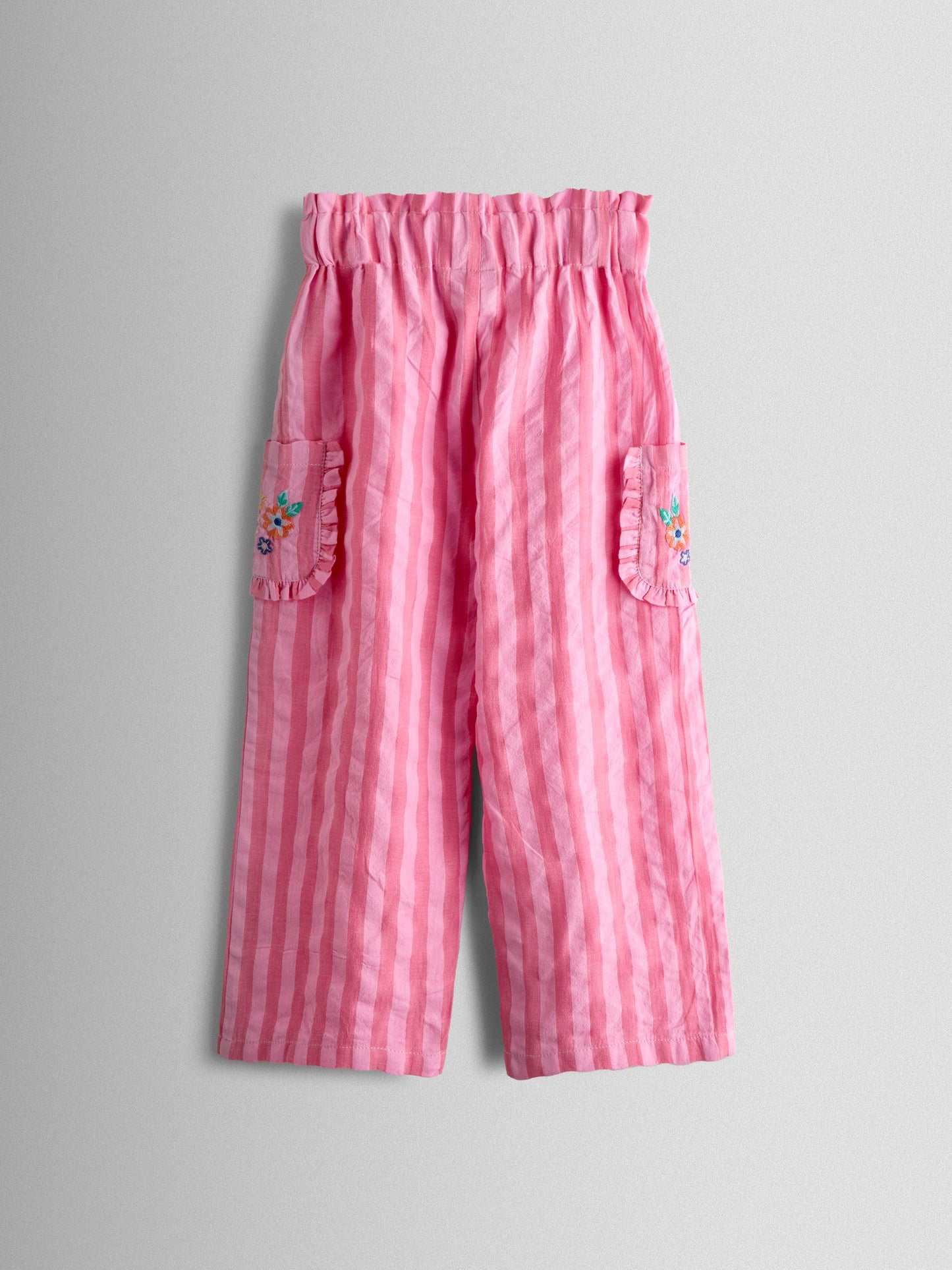 JoJo Maman Bébé Bright Pink Stripe Floral Embroidered Gathered Blouse & Trouser Set image 6