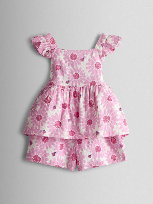 JoJo Maman Bébé Pink Daisy & Ladybird Frill Shoulder Seersucker Top & Short Set image 1