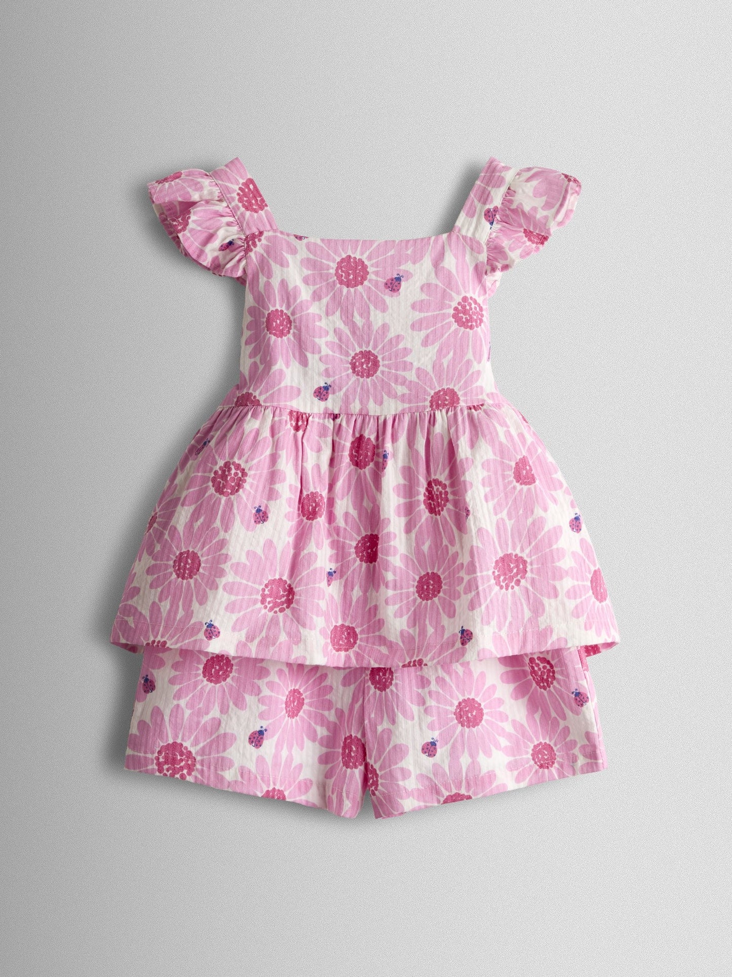 JoJo Maman Bébé Pink Daisy & Ladybird Frill Shoulder Seersucker Top & Short Set image 1