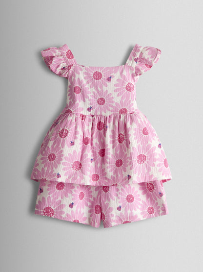 JoJo Maman Bébé Pink Daisy & Ladybird Frill Shoulder Seersucker Top & Short Set image 1
