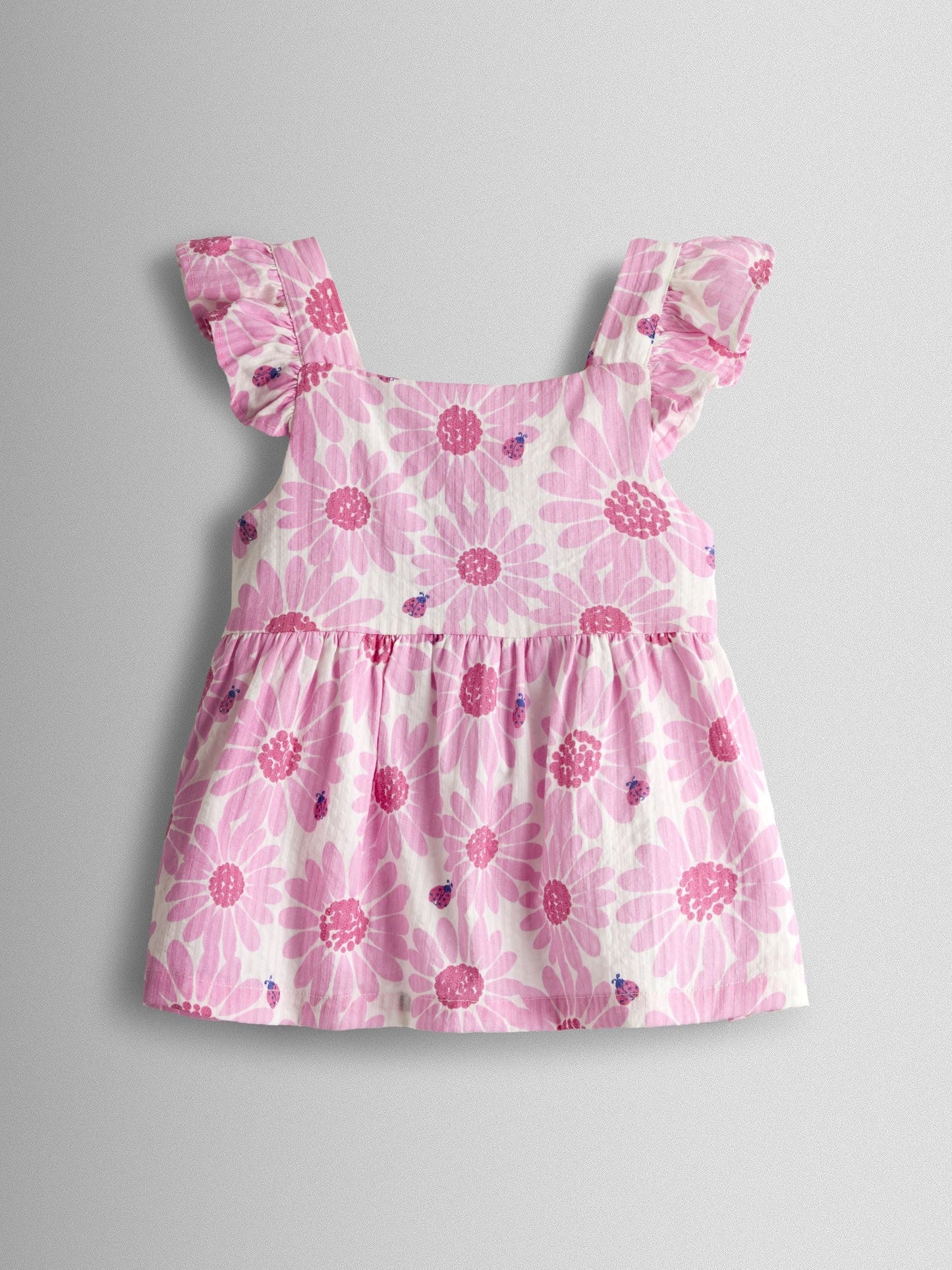 JoJo Maman Bébé Pink Daisy & Ladybird Frill Shoulder Seersucker Top & Short Set image 2
