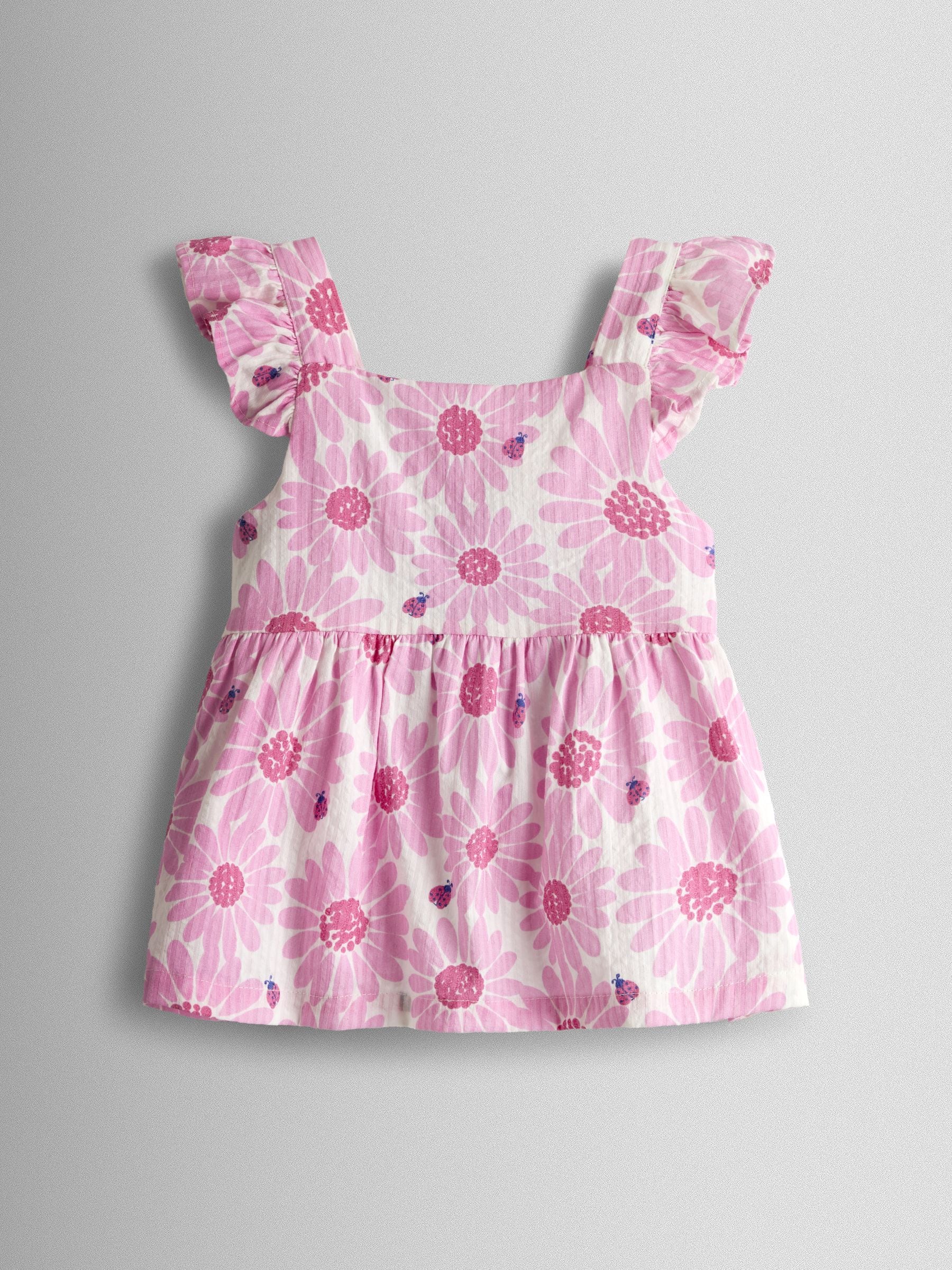 JoJo Maman Bébé Pink Daisy & Ladybird Frill Shoulder Seersucker Top & Short Set image 2