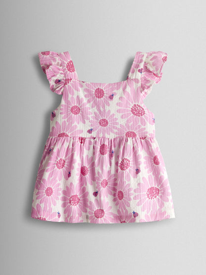 JoJo Maman Bébé Pink Daisy & Ladybird Frill Shoulder Seersucker Top & Short Set image 2