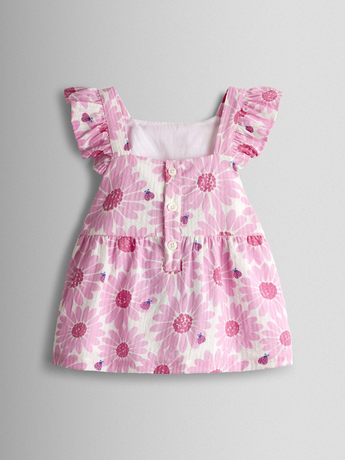 JoJo Maman Bébé Pink Daisy & Ladybird Frill Shoulder Seersucker Top & Short Set image 3