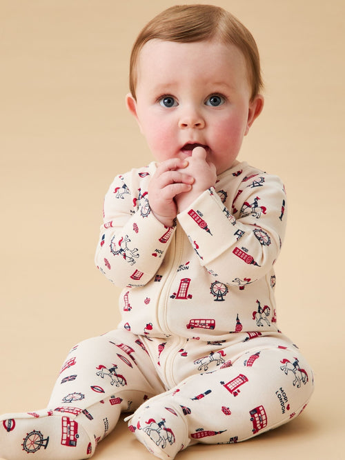 MORI Cream London Print Supersoft 2 Way Zip Up Sleepsuit image 1