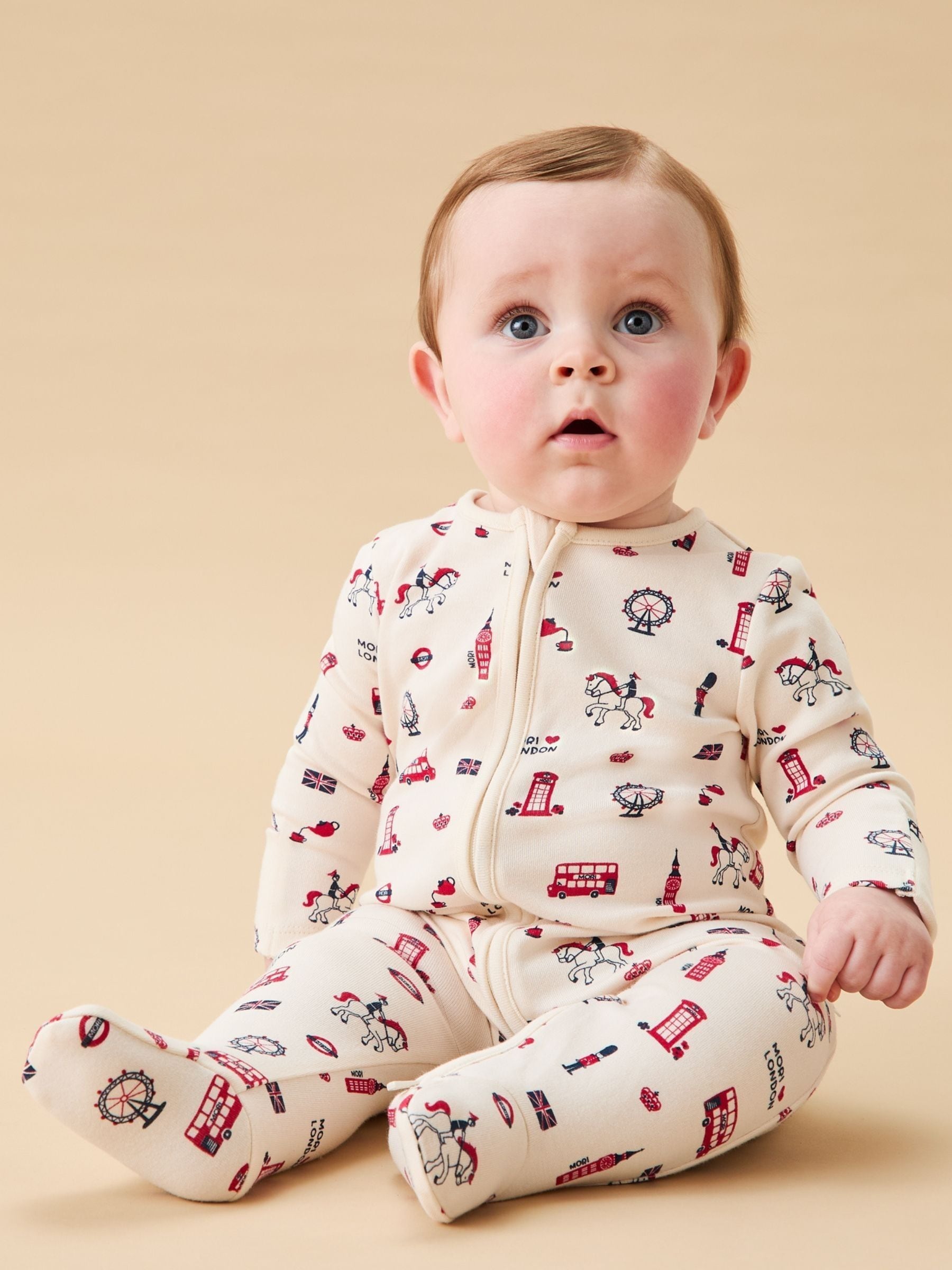 MORI Cream London Print Supersoft 2 Way Zip Up Sleepsuit image 2