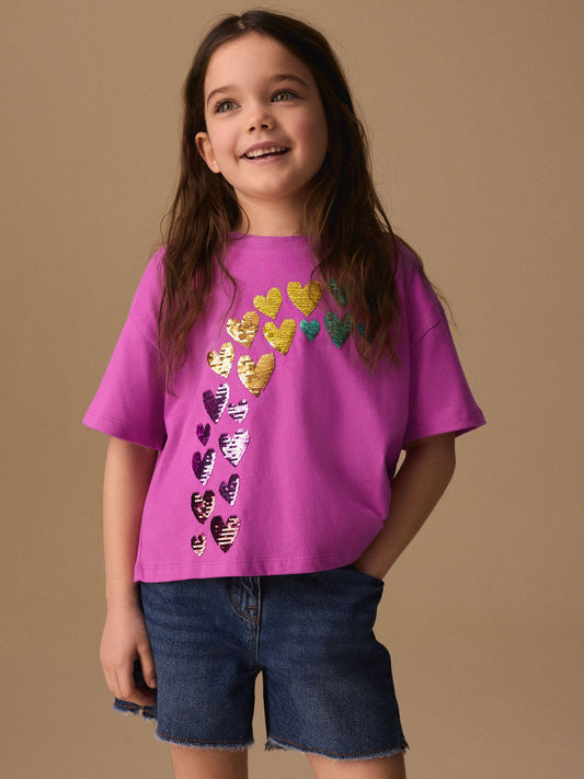 Dsiney Kidz - Pink Rainbow Sequin Heart T-Shirt (3-16yrs) image 1