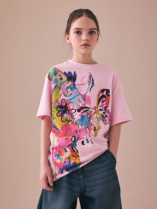 Dsiney Kidz - Pink Graffiti Oversized Graphic Print T-Shirt (3-16yrs) image 1
