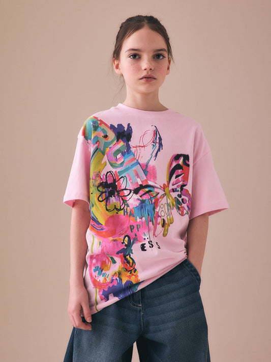 Dsiney Kidz - Pink Graffiti Oversized Graphic Print T-Shirt (3-16yrs) image 1