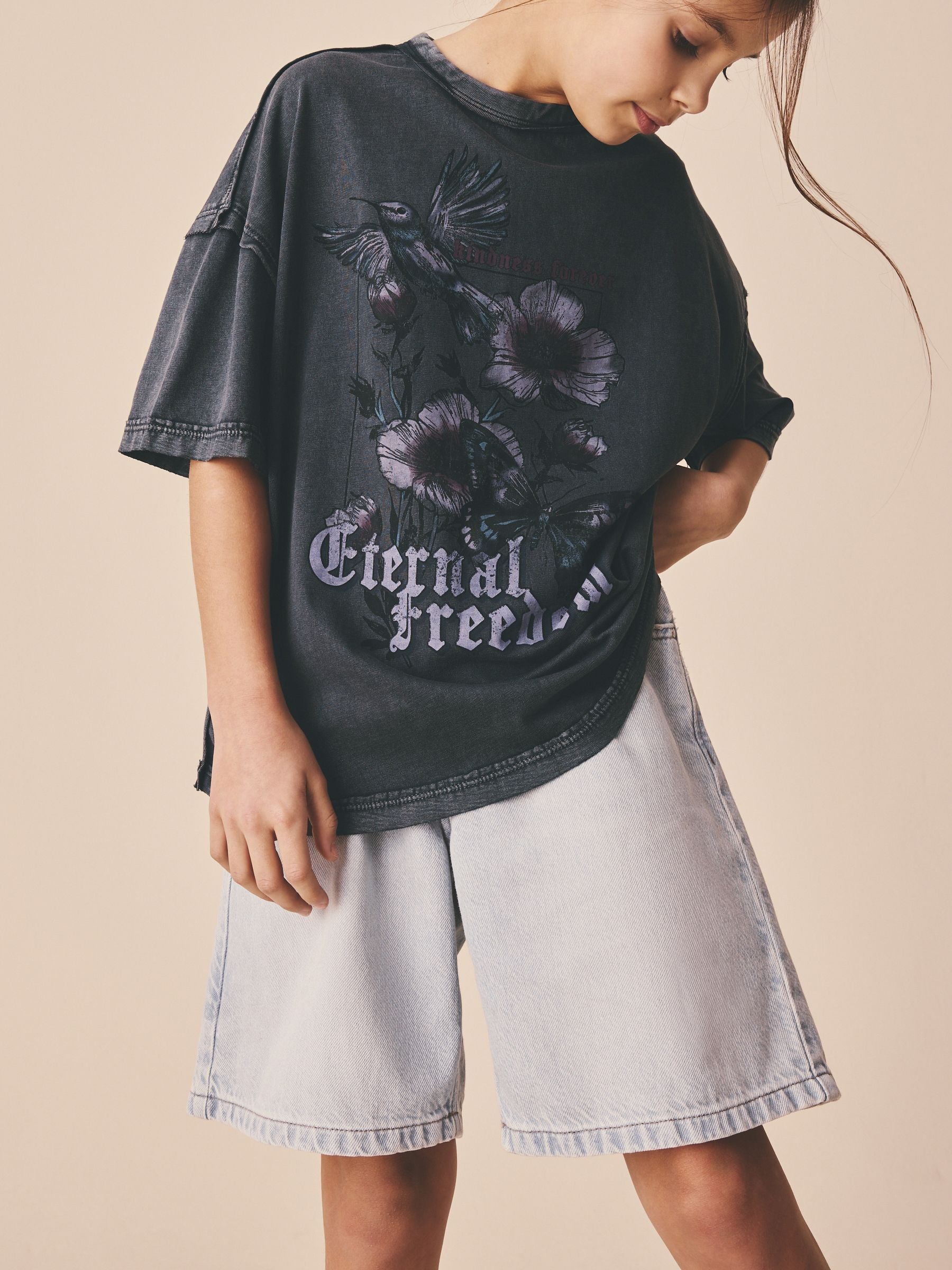 Dsiney Kidz - Charcoal Grey Floral Oversized Graphic Print T-Shirt (3-16yrs) image 4