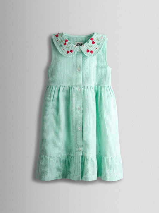 Dsiney Kidz - JoJo Maman Bébé Green Flower Embroidered Collared Sleeveless Button Through Dress image 1