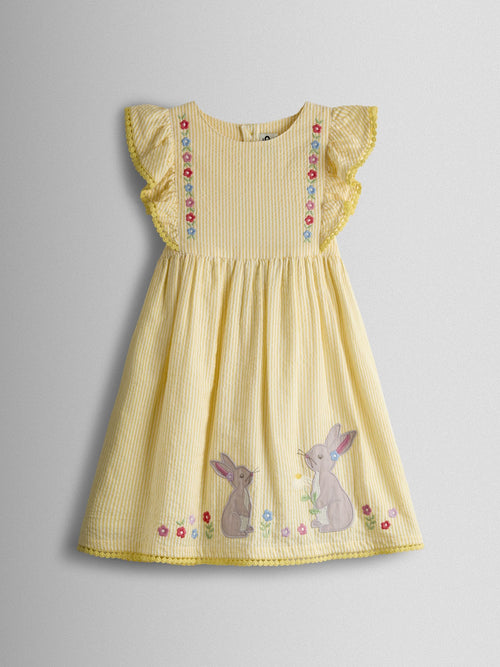 JoJo Maman Bébé Yellow Bunny Appliqué Frill Shoulder Embroidered Dress image 1