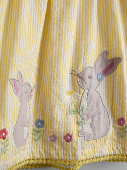 JoJo Maman Bébé Yellow Bunny Appliqué Frill Shoulder Embroidered Dress image 3
