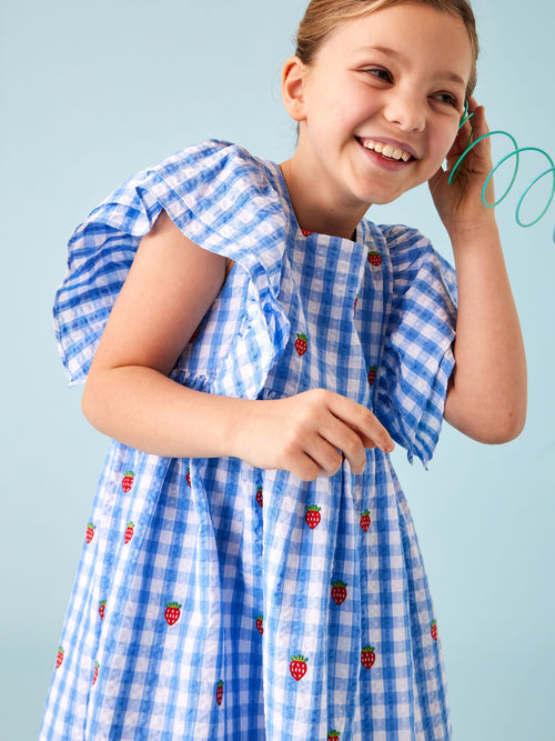 JoJo Maman Bébé Blue Gingham Strawberry Frill Square Neck Gingham Dress image 1