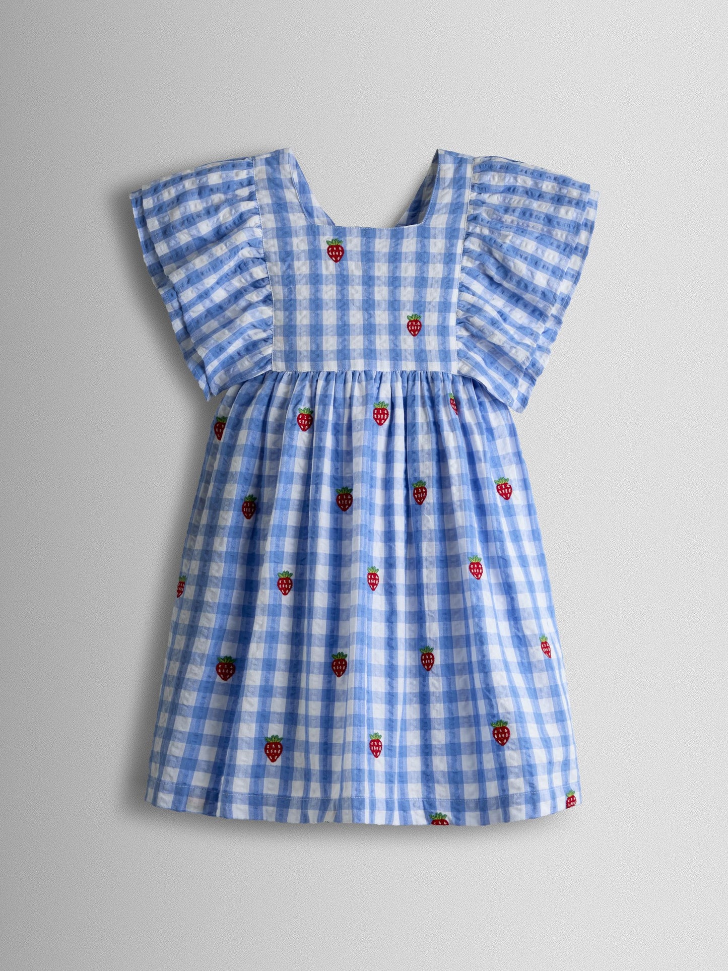 JoJo Maman Bébé Blue Gingham Strawberry Frill Square Neck Gingham Dress image 2