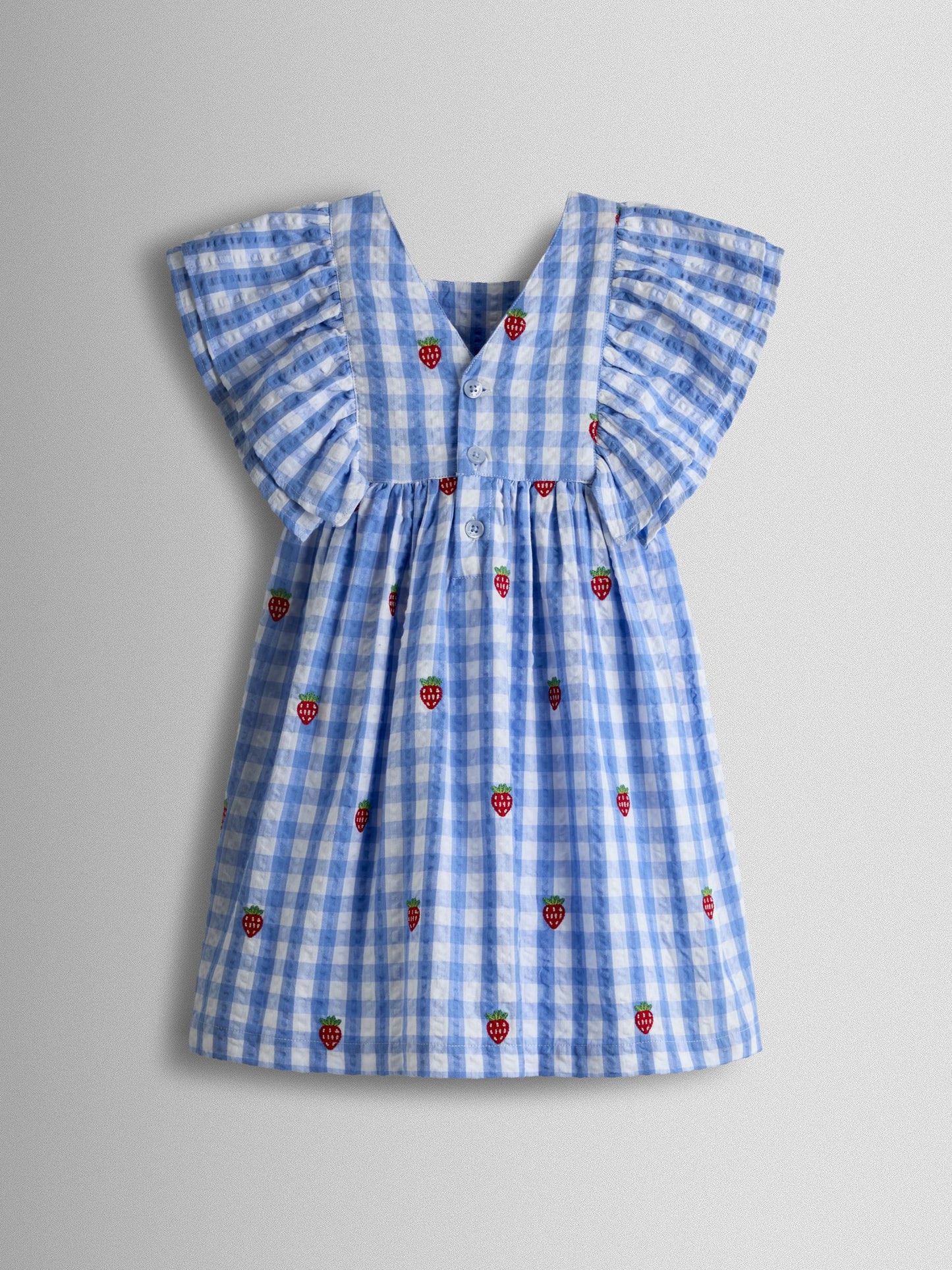 JoJo Maman Bébé Blue Gingham Strawberry Frill Square Neck Gingham Dress image 3