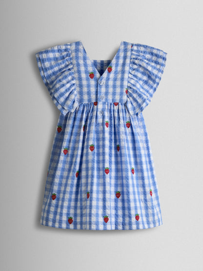 JoJo Maman Bébé Blue Gingham Strawberry Frill Square Neck Gingham Dress image 3