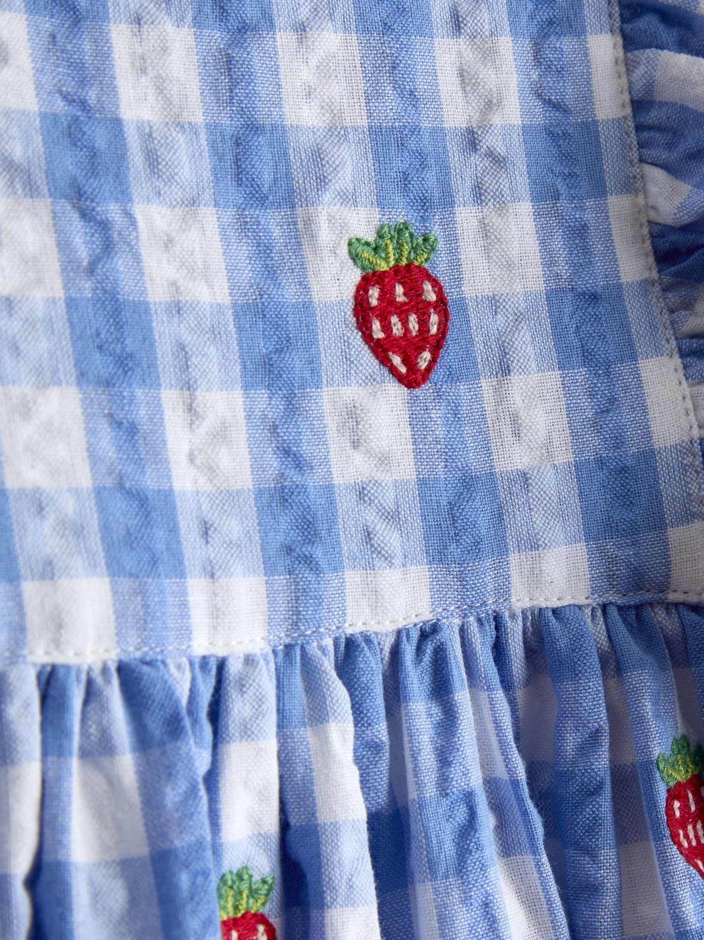 JoJo Maman Bébé Blue Gingham Strawberry Frill Square Neck Gingham Dress image 4