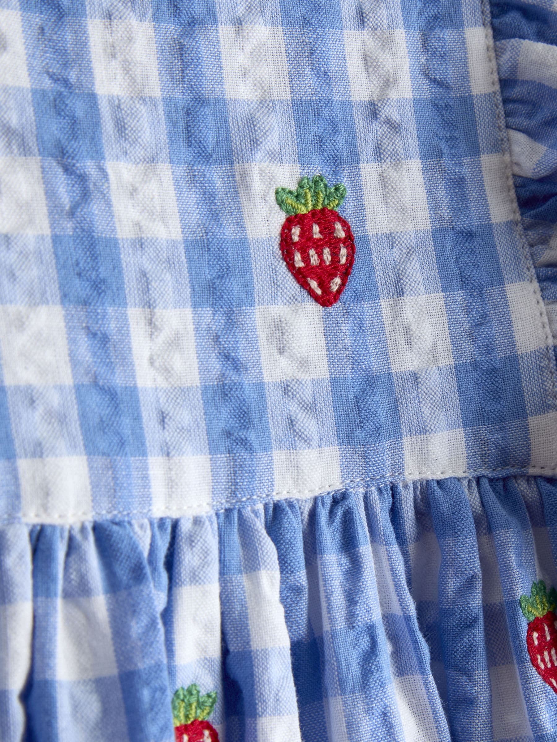 JoJo Maman Bébé Blue Gingham Strawberry Frill Square Neck Gingham Dress image 4