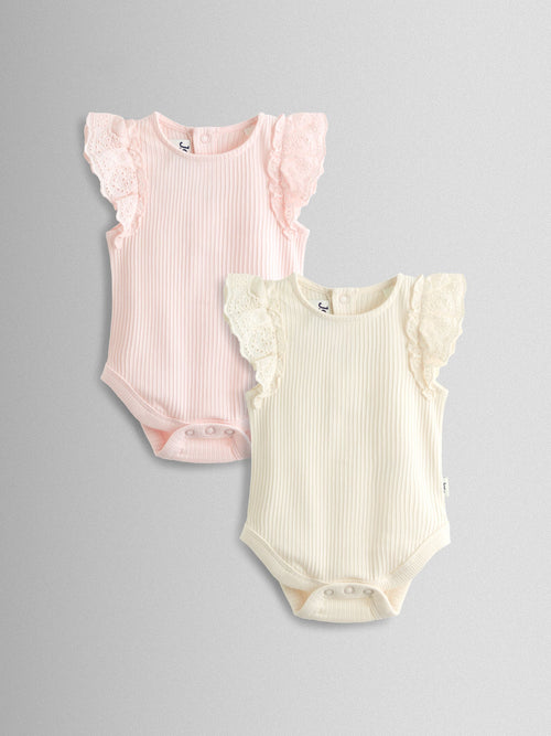 JoJo Maman Bébé Pink & Cream 2-Pack Broderie Frill Sleeve Body image 1