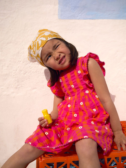 JoJo Maman Bébé Bright Pink Daisy Frill Shoulder Embroidered Dress image 1