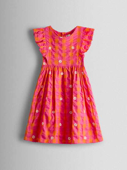 JoJo Maman Bébé Bright Pink Daisy Frill Shoulder Embroidered Dress image 3
