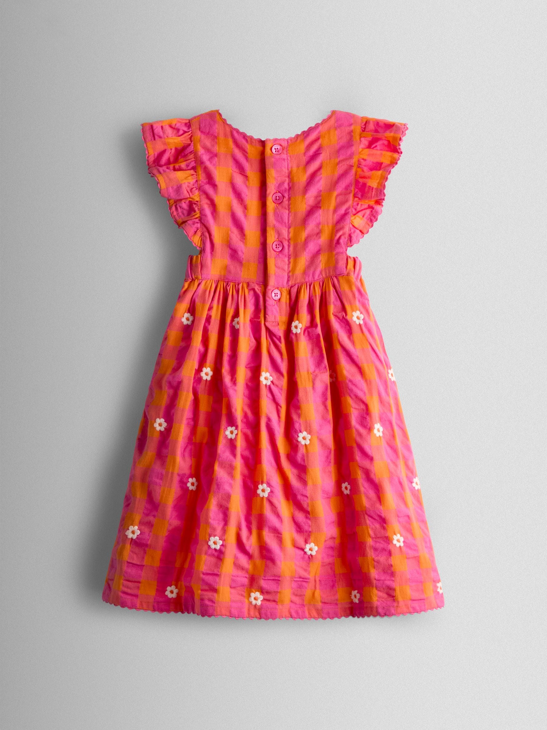 JoJo Maman Bébé Bright Pink Daisy Frill Shoulder Embroidered Dress image 4