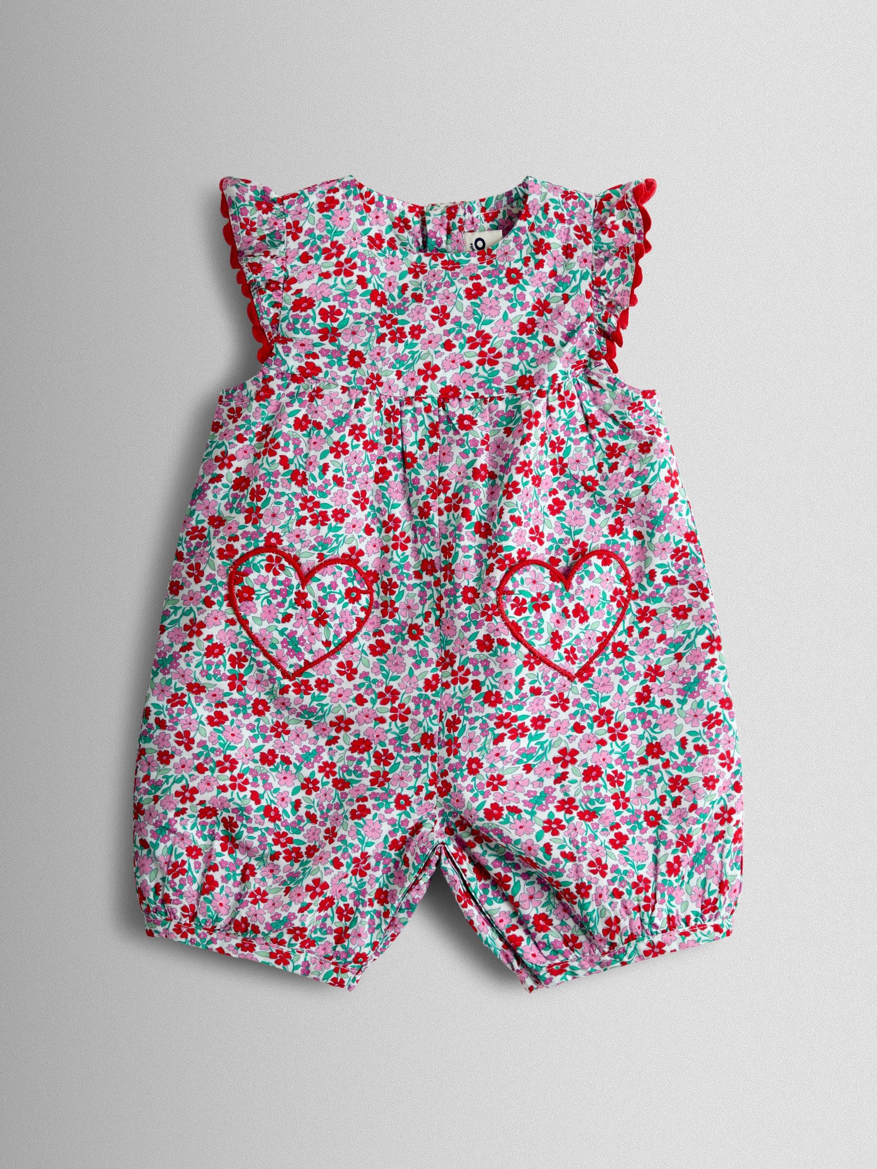JoJo Maman Bébé Red Floral Ruffle Shoulder Romper image 1