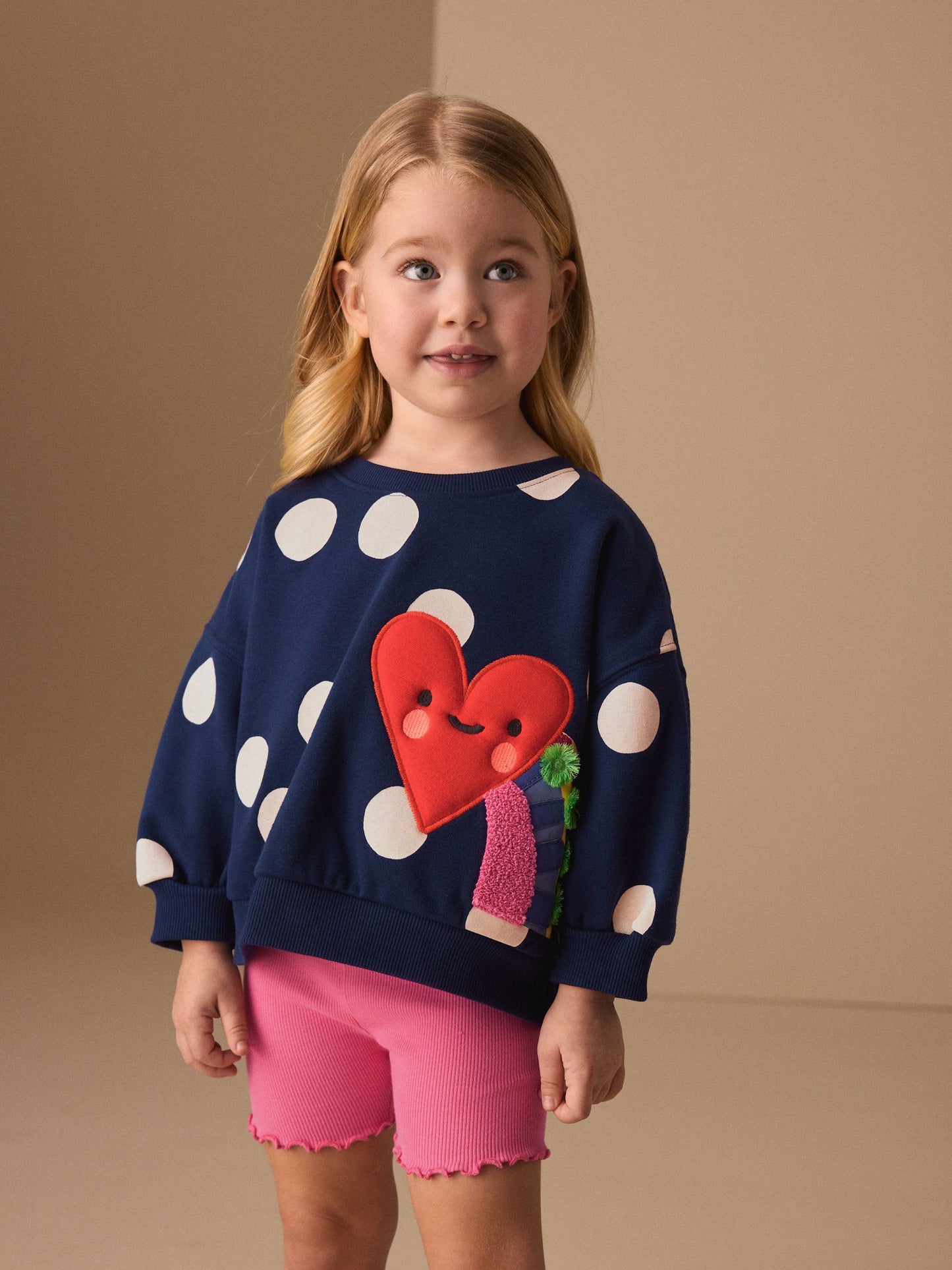 Navy Blue Polka Dot Heart Crew Neck Sweatshirt & Shorts Set (3mths-7yrs) image 1