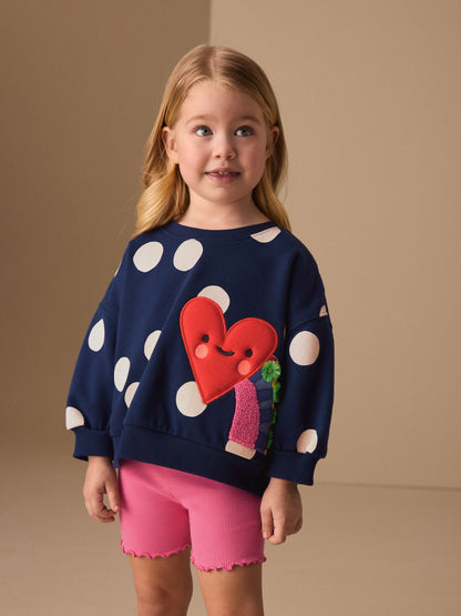 Navy Blue Polka Dot Heart Crew Neck Sweatshirt & Shorts Set (3mths-7yrs) image 1