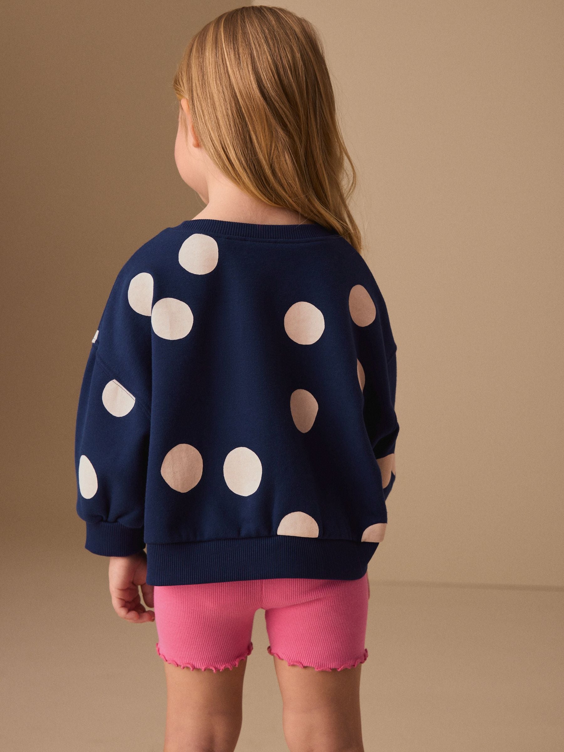 Navy Blue Polka Dot Heart Crew Neck Sweatshirt & Shorts Set (3mths-7yrs) image 2