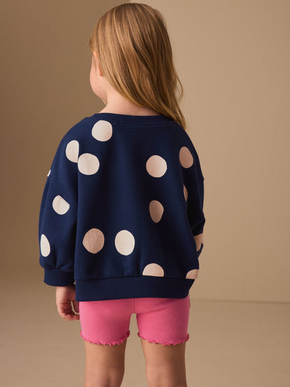 Navy Blue Polka Dot Heart Crew Neck Sweatshirt & Shorts Set (3mths-7yrs) image 2