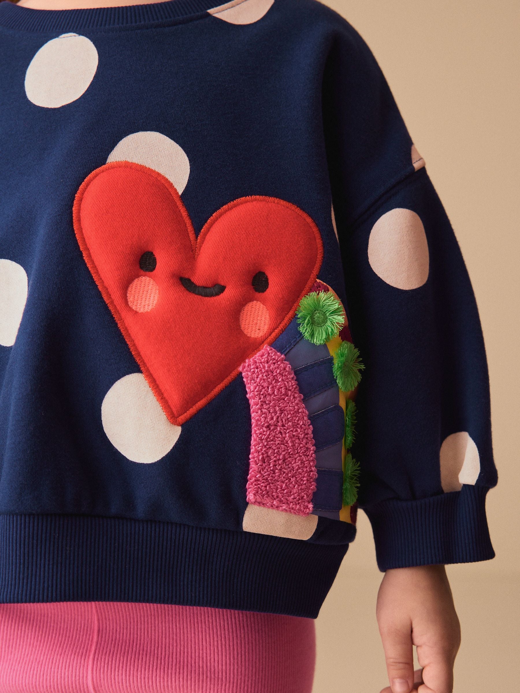 Navy Blue Polka Dot Heart Crew Neck Sweatshirt & Shorts Set (3mths-7yrs) image 3