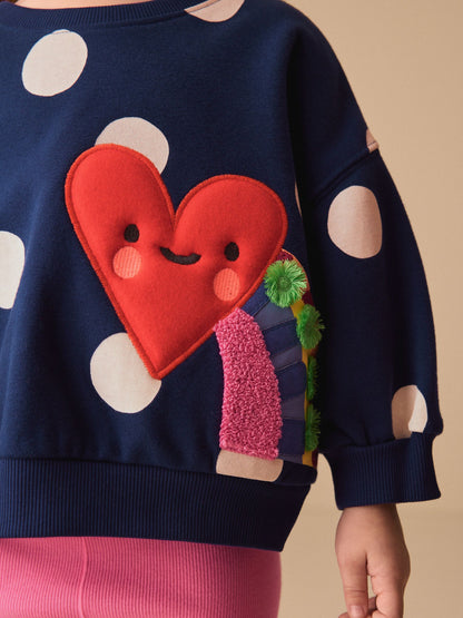 Navy Blue Polka Dot Heart Crew Neck Sweatshirt & Shorts Set (3mths-7yrs) image 3