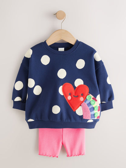 Navy Blue Polka Dot Heart Crew Neck Sweatshirt & Shorts Set (3mths-7yrs) image 4