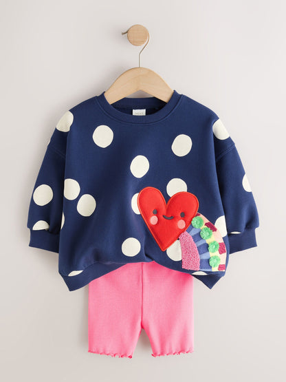 Navy Blue Polka Dot Heart Crew Neck Sweatshirt & Shorts Set (3mths-7yrs) image 5