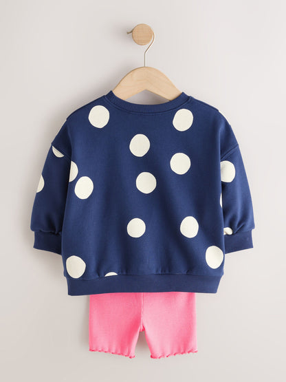 Navy Blue Polka Dot Heart Crew Neck Sweatshirt & Shorts Set (3mths-7yrs) image 6