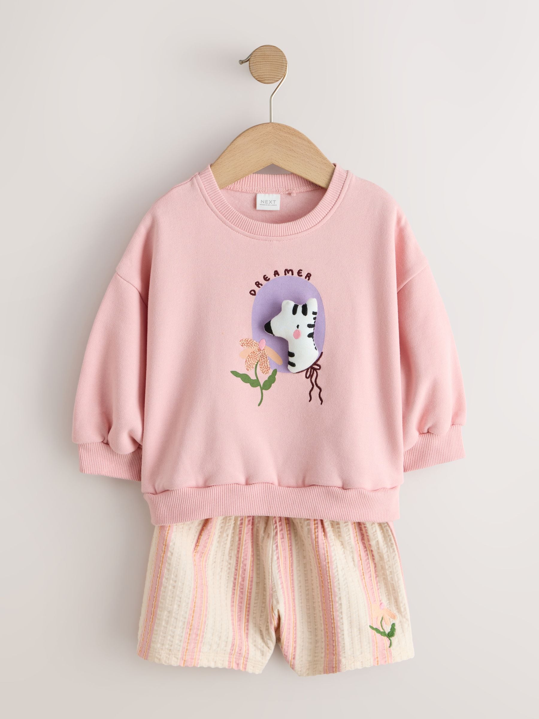 Light Pink Zebra Stripe Crew Neck Sweatshirt & Shorts Set (3mths-7yrs) image 4