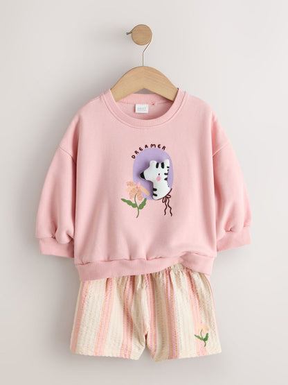 Light Pink Zebra Stripe Crew Neck Sweatshirt & Shorts Set (3mths-7yrs) image 5