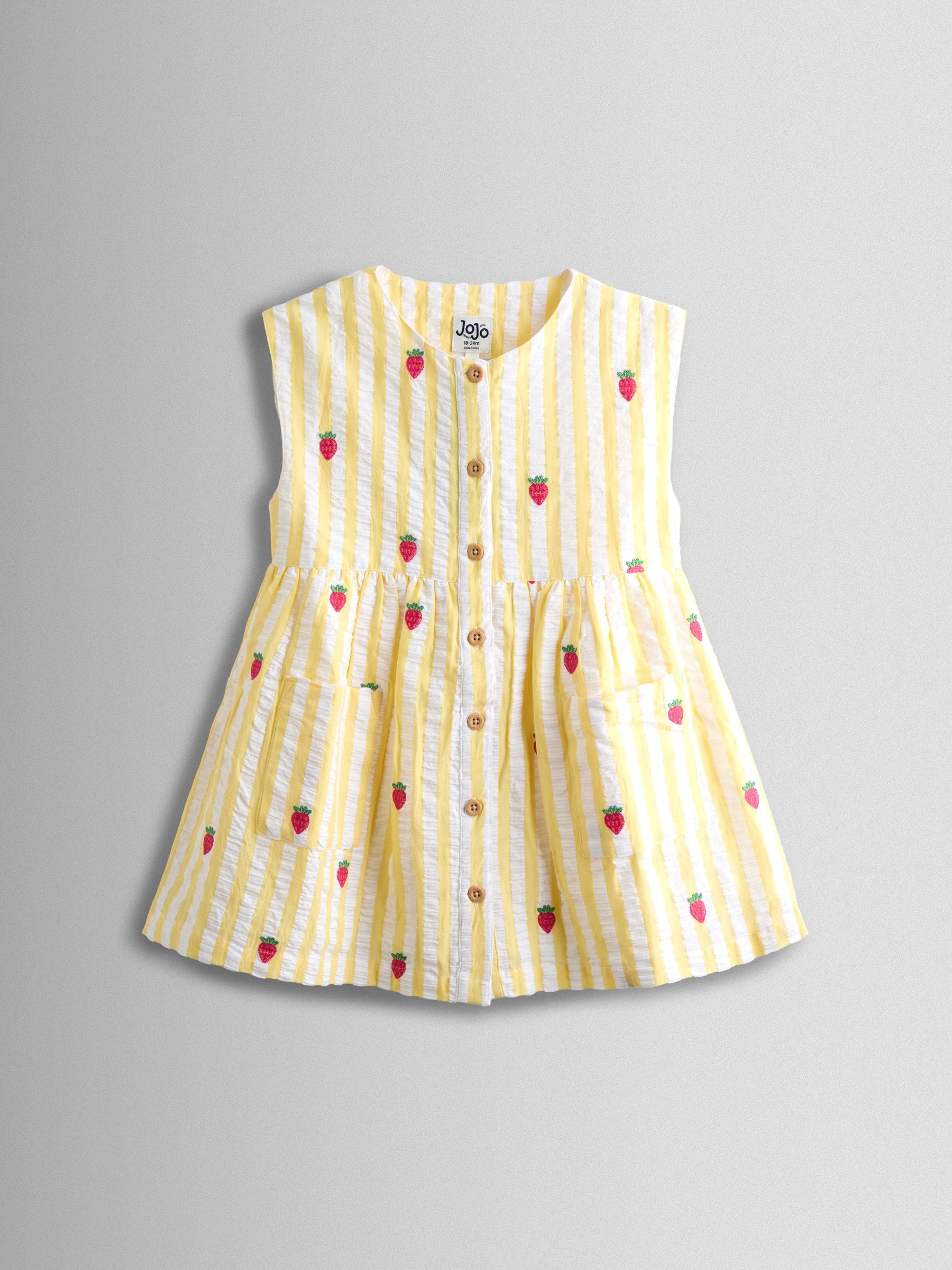 JoJo Maman Bébé Yellow Stripe Strawberry Sleeveless Embroidered Button Through Dress image 2