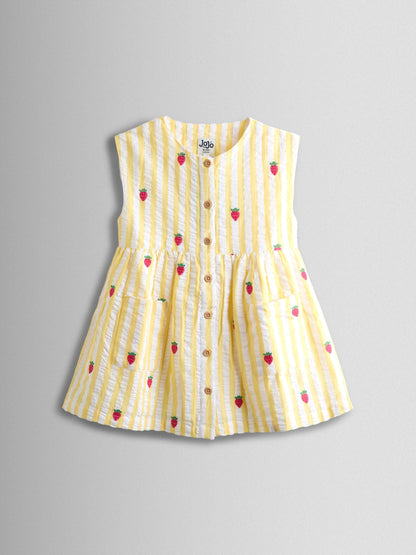 JoJo Maman Bébé Yellow Stripe Strawberry Sleeveless Embroidered Button Through Dress image 2